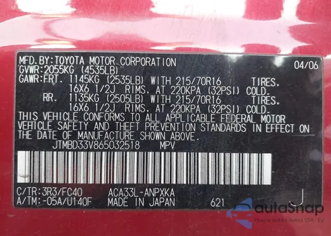 2006 Toyota Rav4 z USA, uszkodzony, nr VIN JTMBD33V865032518